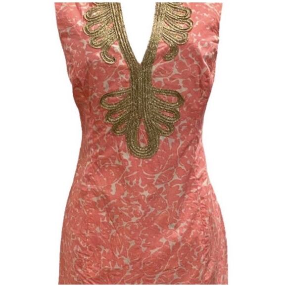 Lilly Pulitzer Janice Coral Pink White Shift Dress Gold Embroidered V Neck Sz 2 - Picture 2 of 11
